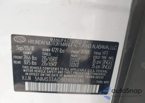 2019 Hyundai Santa Fe Sel from USA, damaged, VIN 5NMS33AD3KH035346